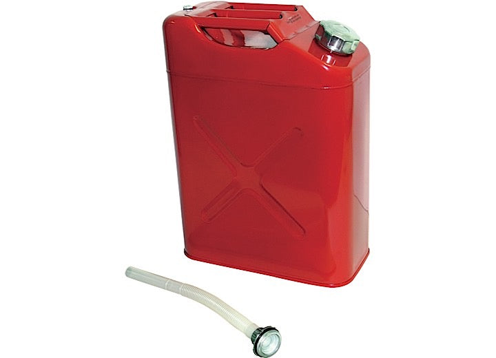 5.4 gallon galvanized steel jerry cans include a plastic pour spout, vent and a travel cap.