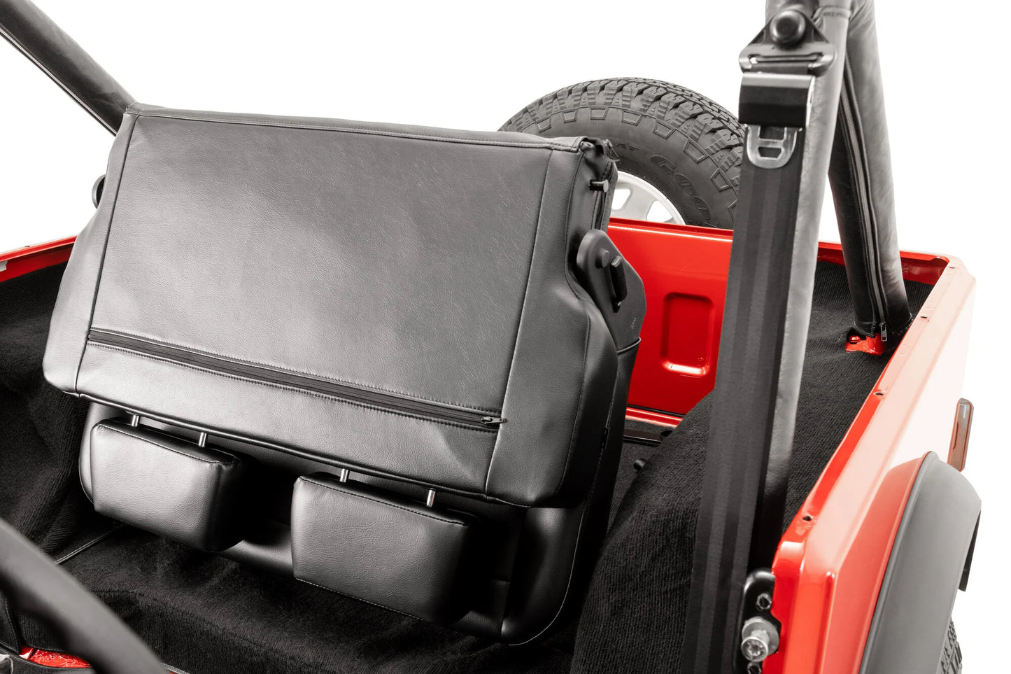 Quadratec Heritage Fold & Tumble Rear Bench Seat in Black for 55-95 Jeep CJ & Wrangler YJ